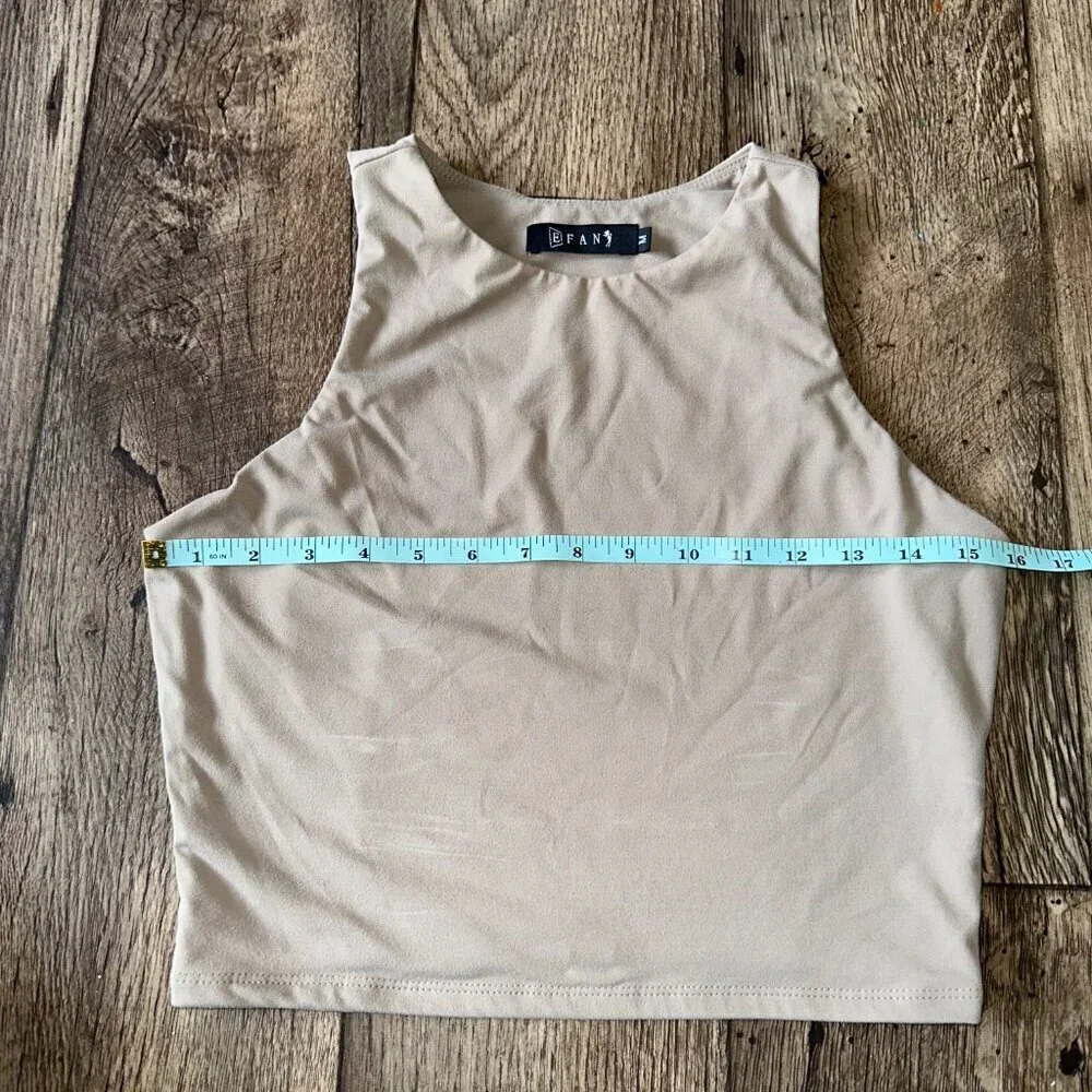 E FAN Medium Women's Taupe Tank Top Buttery Soft High Neck Cropped - Picture 7 of 12